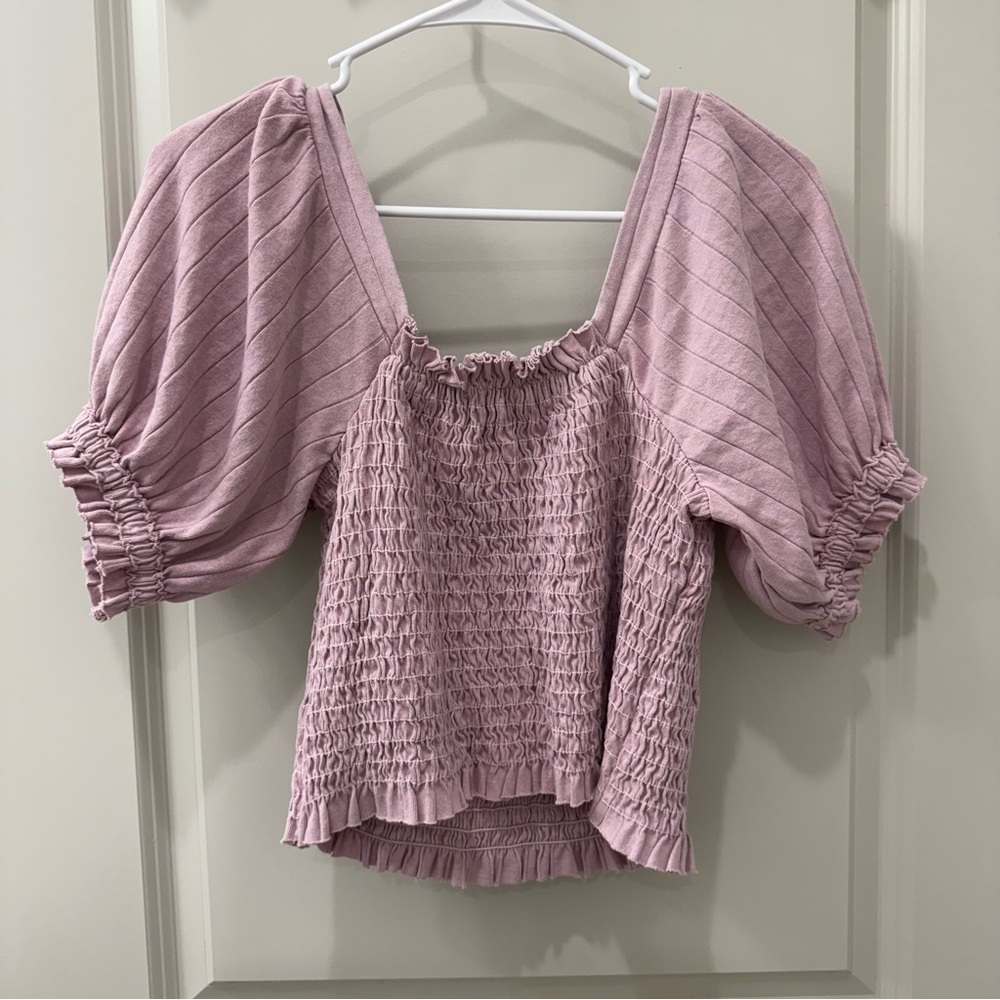 Free People Smocked Top Medium Lavender NWT Puffy Sleeve We The Free Boho - Picture 4 of 5